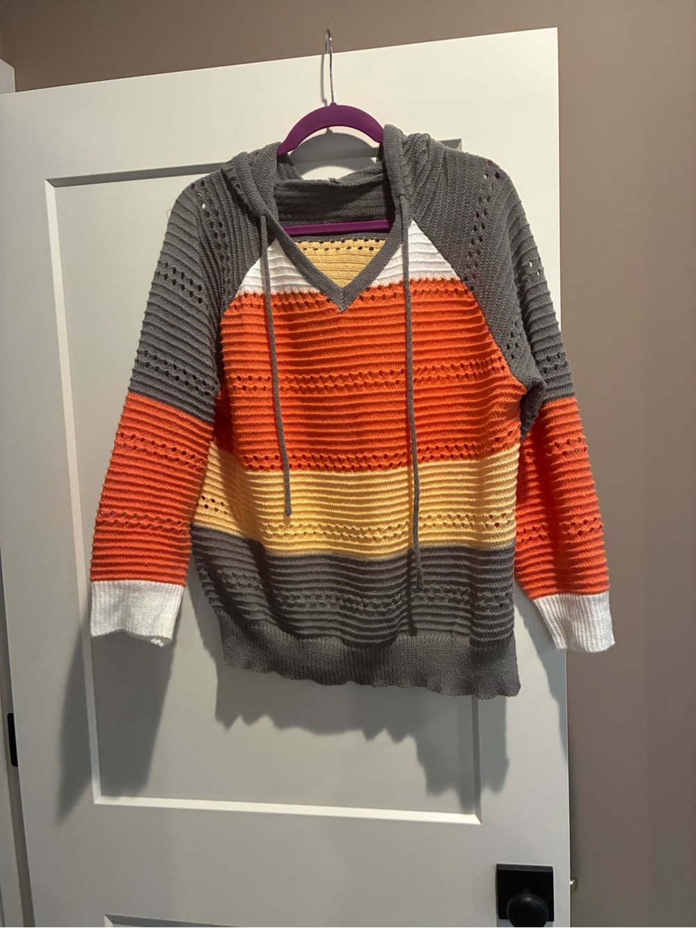 Striped Hooded Knit Sweater — Gray, Orange, Yellow, White